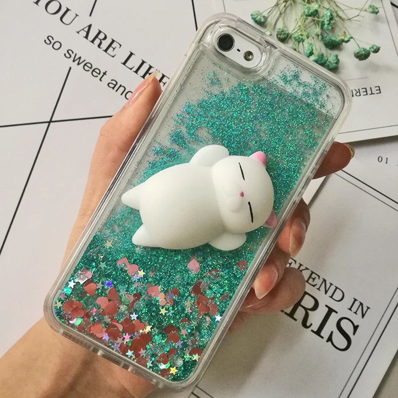 3D Squishy Cat Case For iPhone 5S SE 7 7 Plus Case Liquid Quicksand Glitter Silicone Case For iPhone 8 Plus Xs Xr 6s Cover Coque
