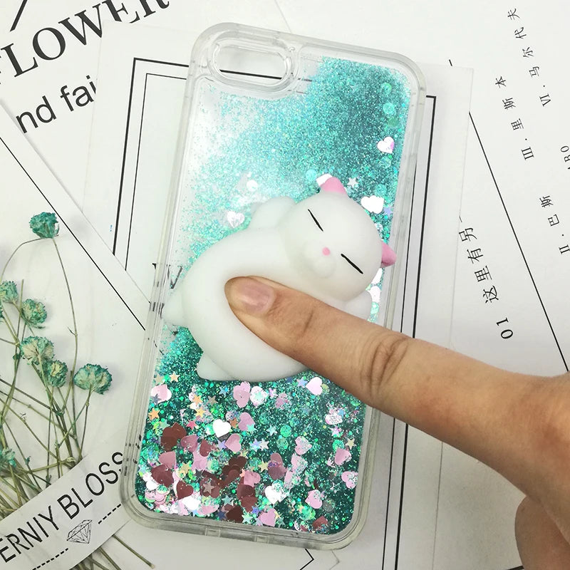 3D Squishy Cat Case For iPhone 5S SE 7 7 Plus Case Liquid Quicksand Glitter Silicone Case For iPhone 8 Plus Xs Xr 6s Cover Coque