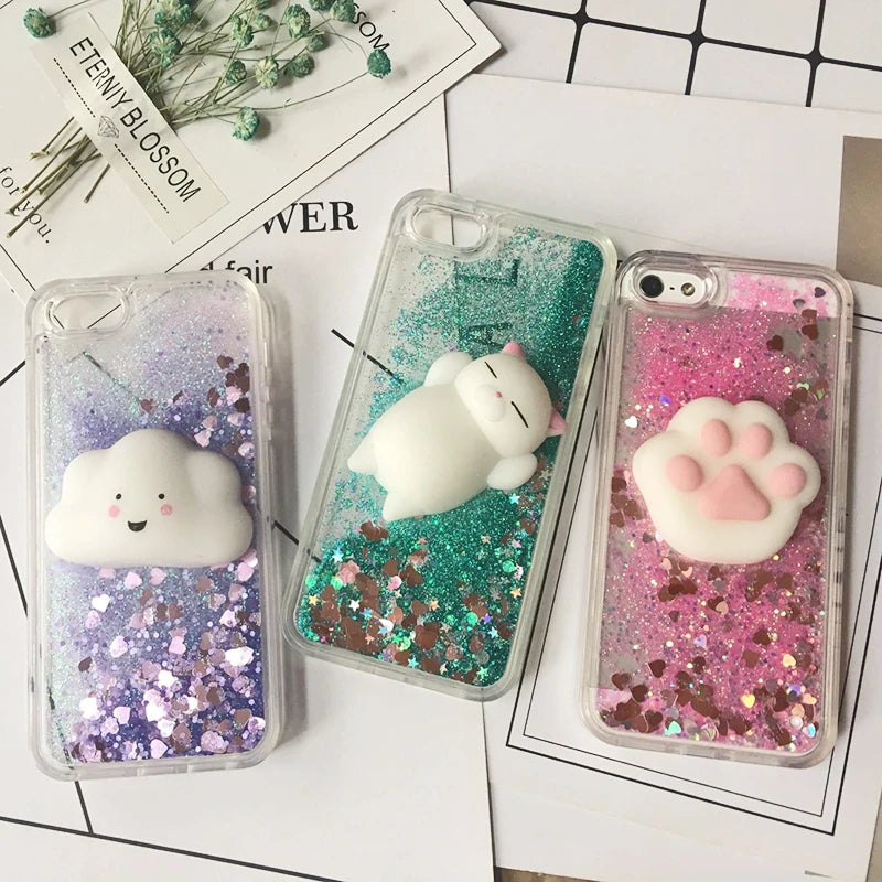 3D Squishy Cat Case For iPhone 5S SE 7 7 Plus Case Liquid Quicksand Glitter Silicone Case For iPhone 8 Plus Xs Xr 6s Cover Coque