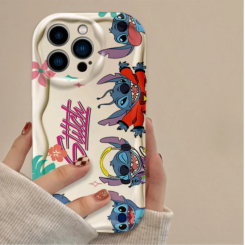 Disney Lovely Stitch 3D Wave Case For iPhone 16 15 14 13 12 11 Pro Max X XR XS 8 7 Plus SE 2020 Shockproof Clear Silicone Cover