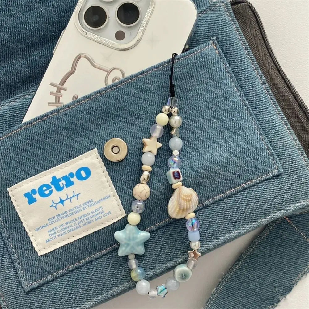 Hanging Cord Beaded Phone Chain Trendy Pendant Phone Charms Star Pearl Phone Strap Women Girls Handmade Summer Mobile Lanyard