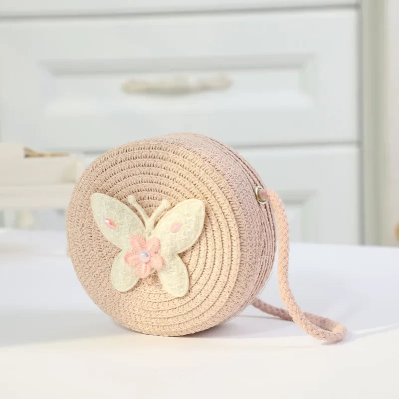 Fashion Round Woven Bow Girls Crossbody Bag Simple Baby Kids Beach Purse Clutch Casual Straw Flower Children's Shoulder Bags
