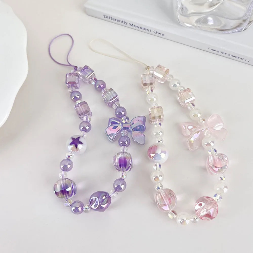 New Sweet Bow Cell Phone Chain Cute Beaded Sweet Bag Hangings Bow Anti-loss Anti-loss Lanyard Jewelry Women