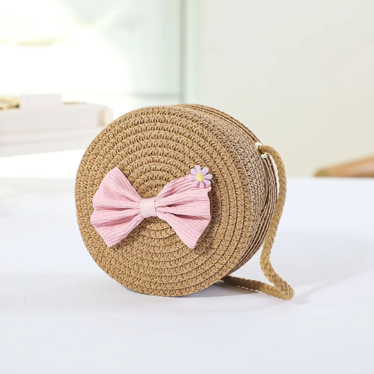 Fashion Round Woven Bow Girls Crossbody Bag Simple Baby Kids Beach Purse Clutch Casual Straw Flower Children's Shoulder Bags
