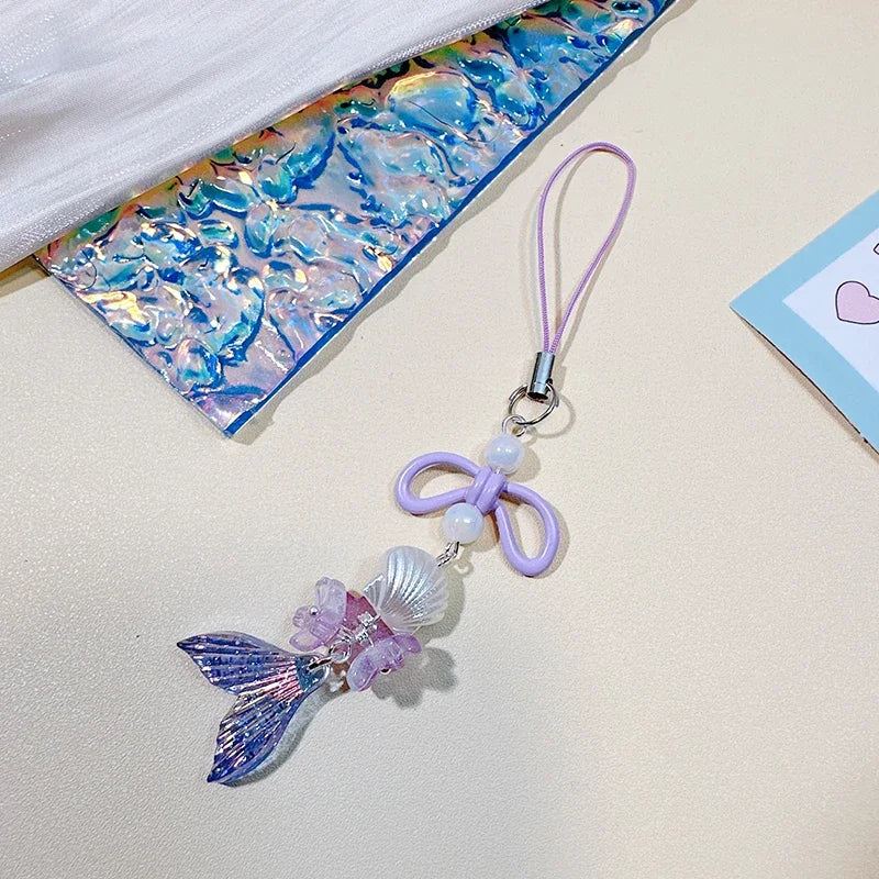 Acrylic Laser Bow Cherry Blossom Mermaid Mobile Phone Straps Phone Chain Pendant Universal Phone Keychain Backpack Decor