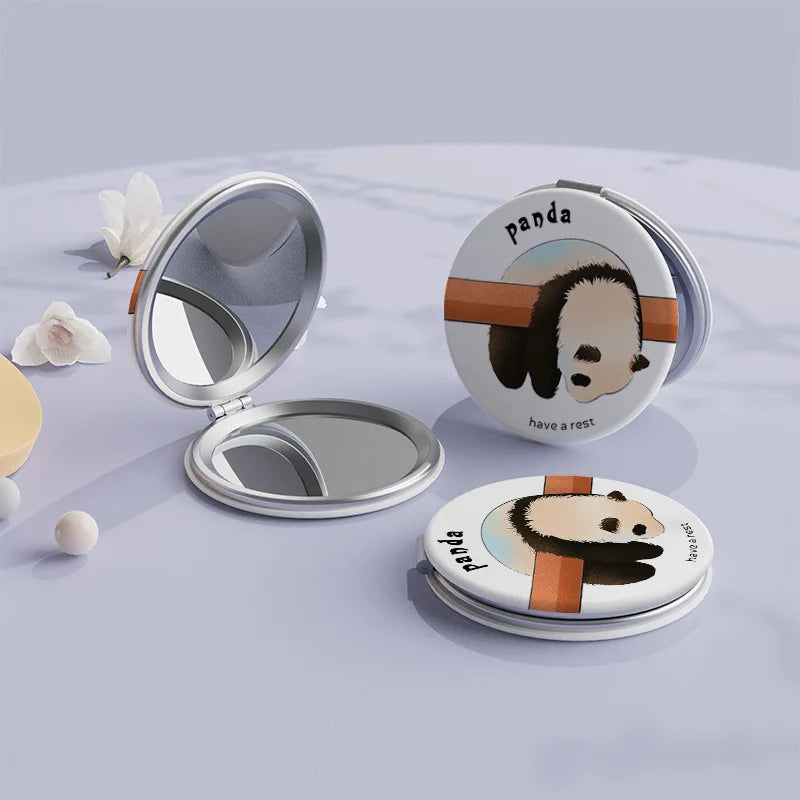 Portable Double-Side Folding Makeup Mirror Mini Round Cartoon Pattern Pocket Compact Vanity Handheld Mirror Travel Cosmetic Tool