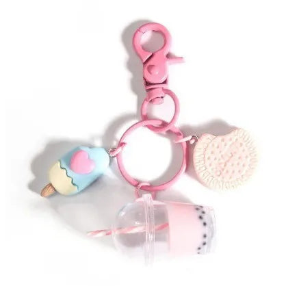 1Pcs New Cute Keychains Ice-cream Bubble Tea Biscuit Pink Key Rings Friendship for Best Friend Women Girl Handbag Gifts Jewelry