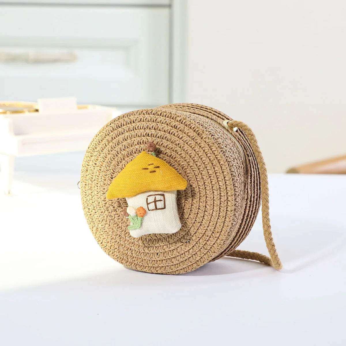 Fashion Round Woven Bow Girls Crossbody Bag Simple Baby Kids Beach Purse Clutch Casual Straw Flower Children's Shoulder Bags