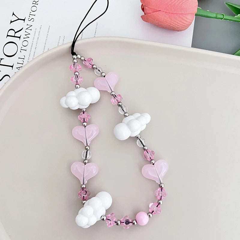 Y2K Korean Love Heart Phone Chains Girls Mobile Phone Charm Strap Sweet Cloud Pendant Phone Case Hanging Lanyard Accessories