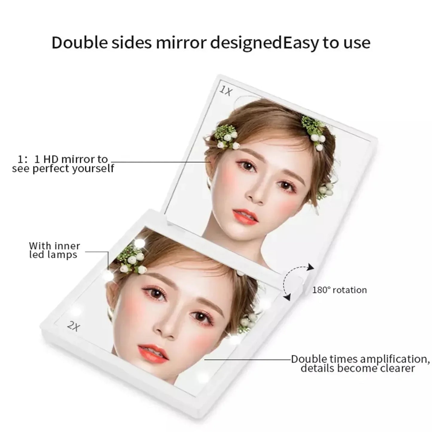 Makeup Mirrors 6 LED Lamps Women Foldable Lights Lady Cosmetic Hand Folding Portable Compact Pocket Mirror Makeup Tools