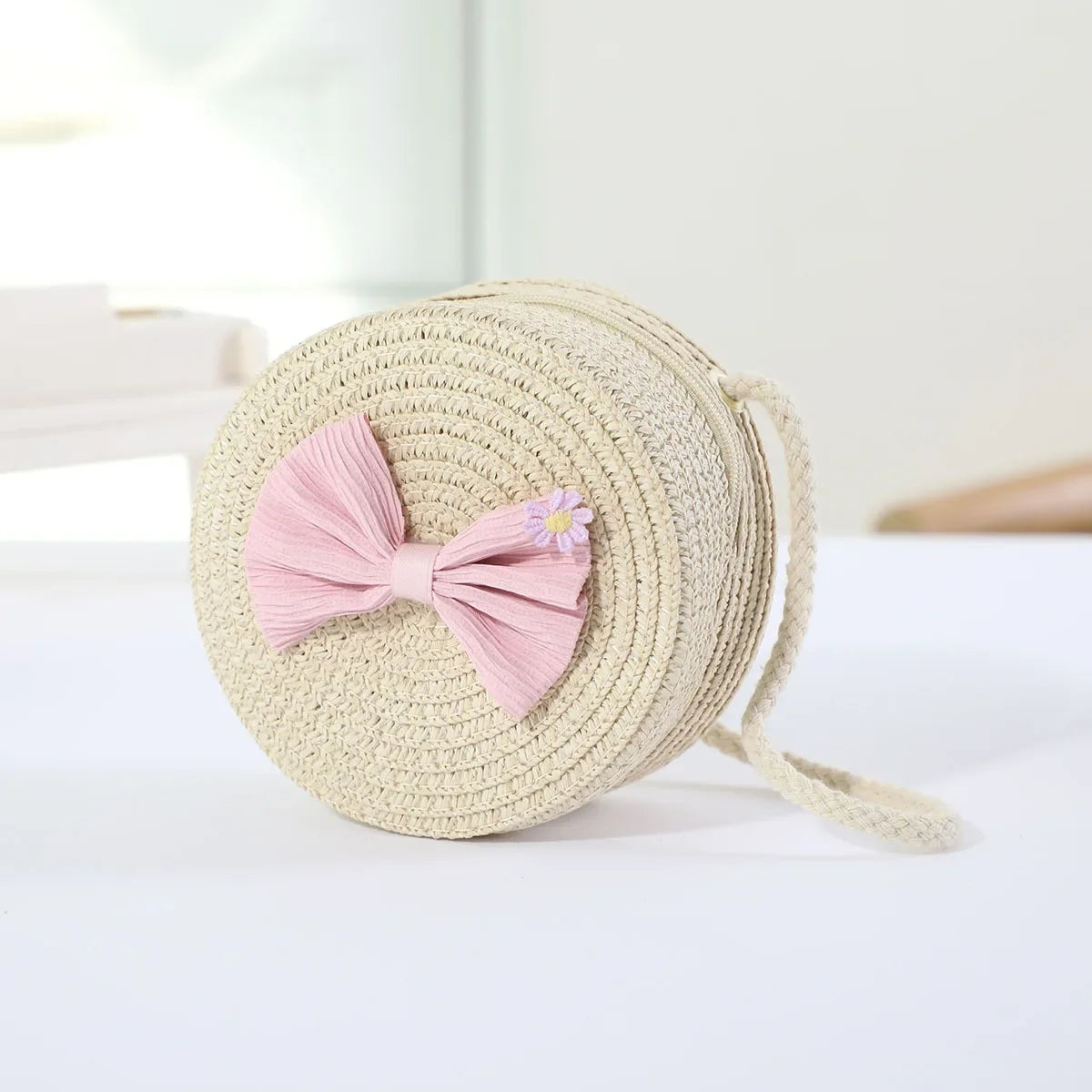 Fashion Round Woven Bow Girls Crossbody Bag Simple Baby Kids Beach Purse Clutch Casual Straw Flower Children's Shoulder Bags