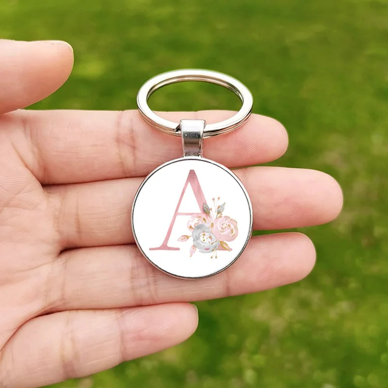26 Letter Keychain Wholesale Creative Flower Alphabet ABCD Name Design Glass Cabochon Key Chain Christmas Gift for Friends