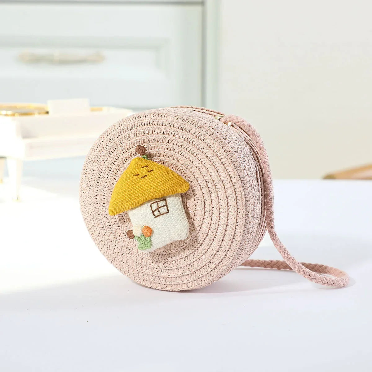 Fashion Round Woven Bow Girls Crossbody Bag Simple Baby Kids Beach Purse Clutch Casual Straw Flower Children's Shoulder Bags