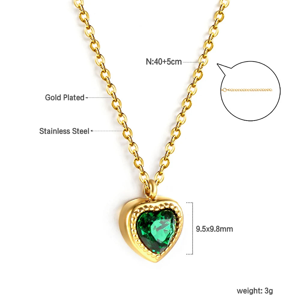 LUXUSTEEL Retro Colorful Square Crystal Pendant Necklace For Women Stainless Steel Figaro Chain Green White Red CZ Wedding Gift
