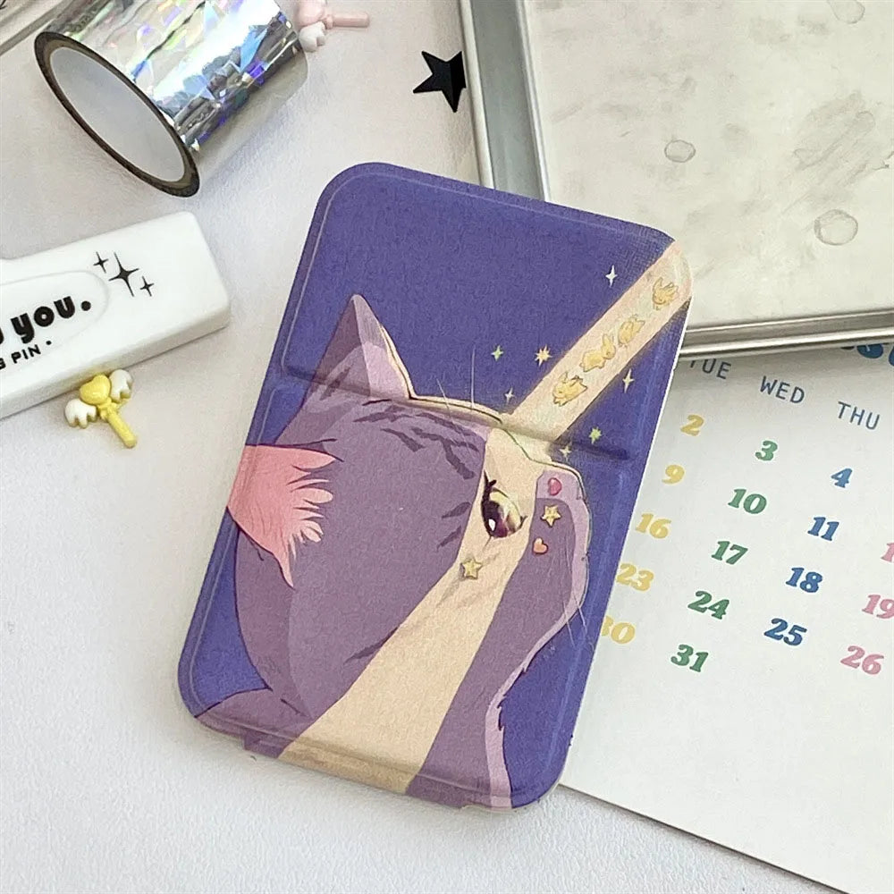 Portable Foldable Makeup Mirror PU Leather Handheld Mirrors Cute Bow Bunny Cat Bear Mini Pocket Girls Student Cosmetic Mirror