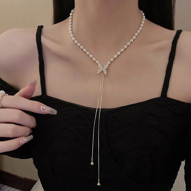 Y2K Luxury Long Chain Pull Liquid Butterfly Necklace for Women Korean Fashion Pendant Sweater Necklace Birthday Gift Collares