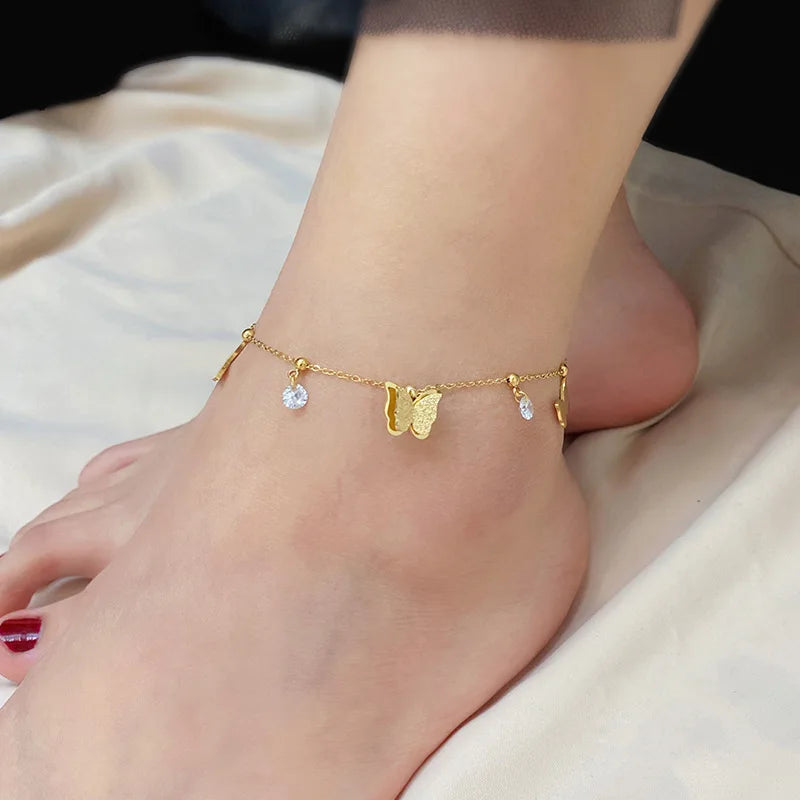 OIMG 316L Stainless Steel Gold Plated Not Fade Korean Sweet Frosting Butterfly Anklet for Women Girl Foot Accessories Waterproof