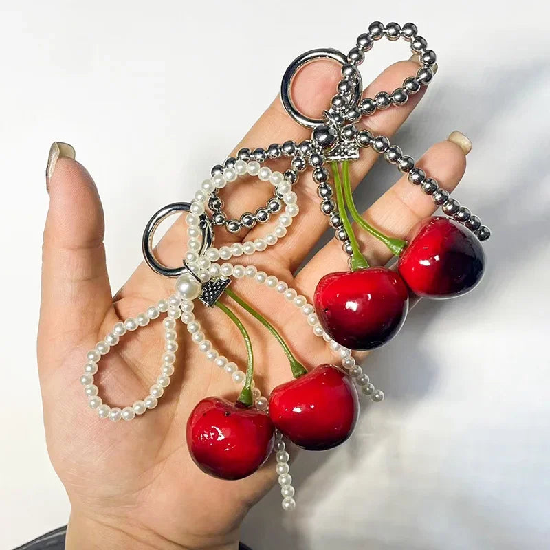 Fashion Pearl Bowknot Keychain Phone Lanyard Pendant Hanging Accessories Sweet Cherry Keyring Charm Jewelry For Girl Women Gift