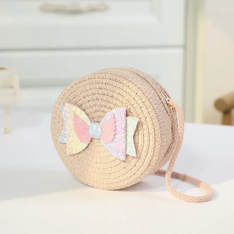 Fashion Round Woven Bow Girls Crossbody Bag Simple Baby Kids Beach Purse Clutch Casual Straw Flower Children's Shoulder Bags