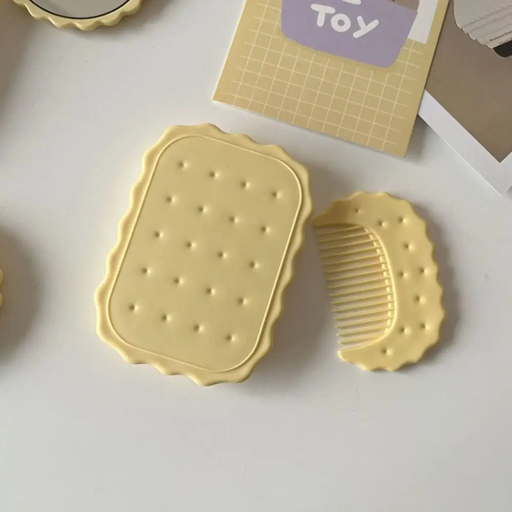 Cheese Biscuit Design Pocket Mirror Portable Foldable Mini Makeup Mirror For Travel Daily Use Cute Cartoon Style