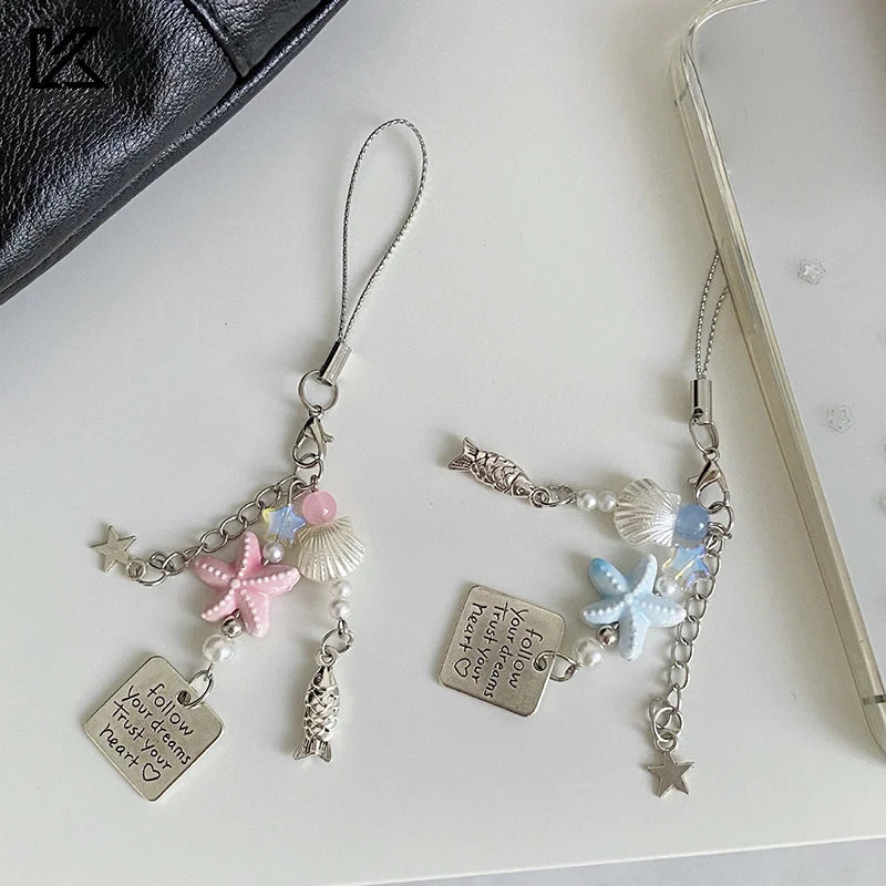 Summer Starfish Fish Phone Chain Y2K Sweet Beaded Mobile Phone Lanyard Keychain Girly Cute Ins Phone Charm Pendant
