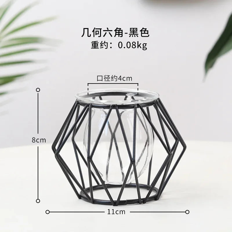 Nordic Golden Glass Vase Plant Stand Glass Container Geometric Home Decor Modern Metal Vase Hydroponic Plant Flowers Wire Vase