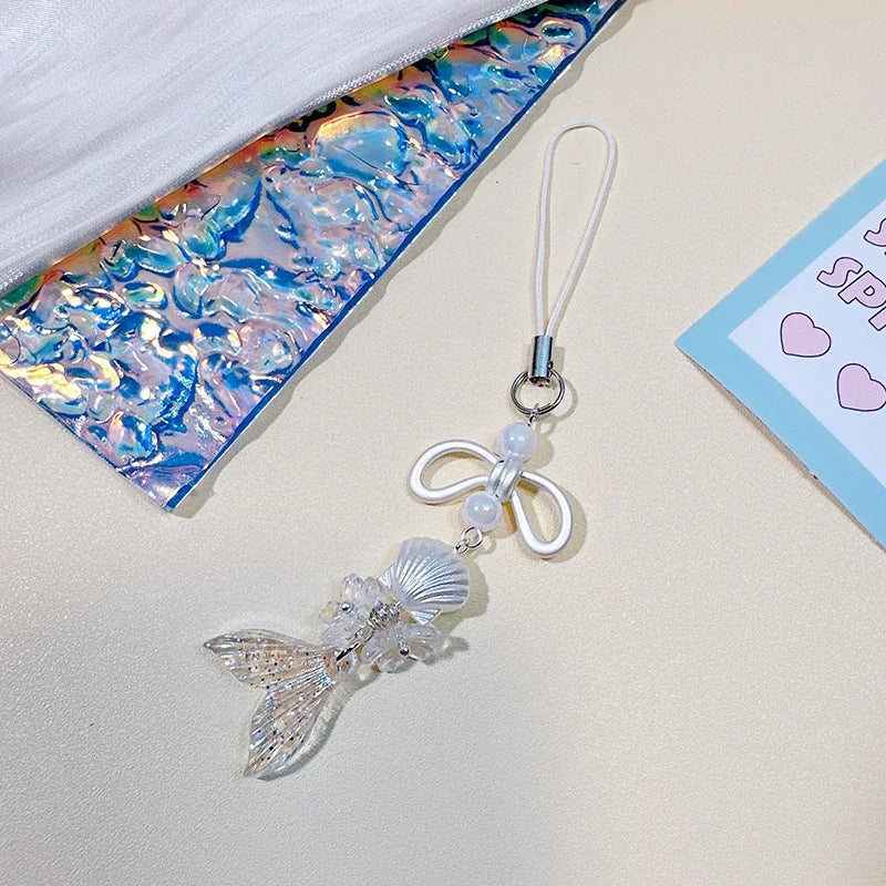 Acrylic Laser Bow Cherry Blossom Mermaid Mobile Phone Straps Phone Chain Pendant Universal Phone Keychain Backpack Decor