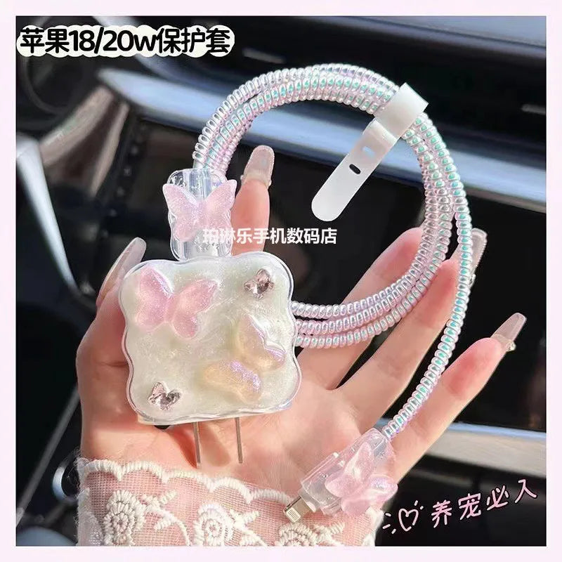 Kawaii Bow Charger Data Cable Case Protector Winding Kit for IPhone 16 15 20W Shining Bowknot Cellphone Charger Protective Case