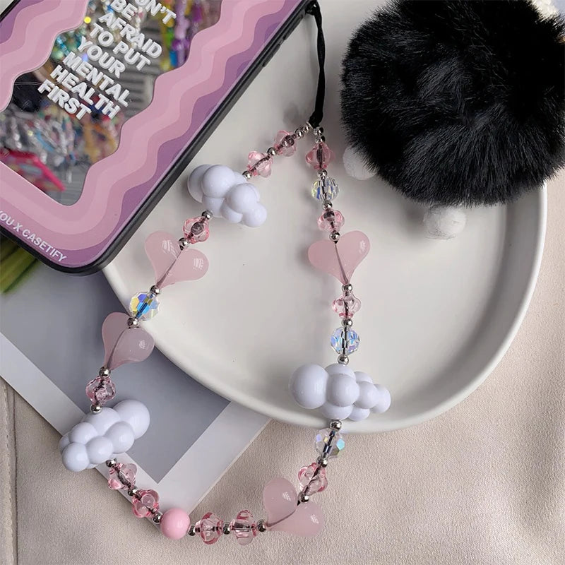 Y2K Korean Love Heart Phone Chains Girls Mobile Phone Charm Strap Sweet Cloud Pendant Phone Case Hanging Lanyard Accessories