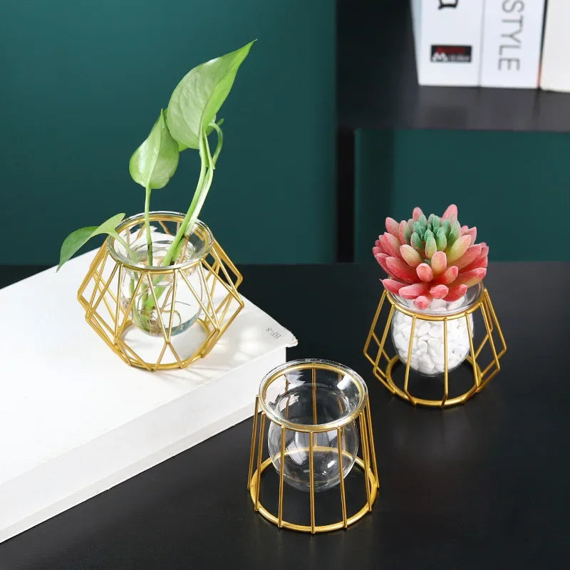 Nordic Golden Glass Vase Plant Stand Glass Container Geometric Home Decor Modern Metal Vase Hydroponic Plant Flowers Wire Vase