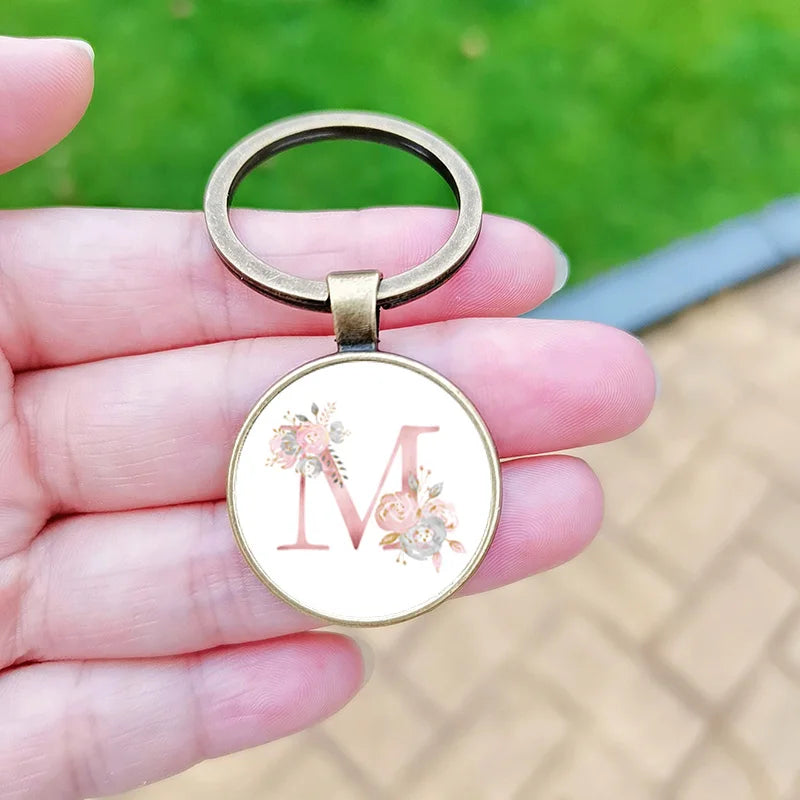 26 Letter Keychain Wholesale Creative Flower Alphabet ABCD Name Design Glass Cabochon Key Chain Christmas Gift for Friends