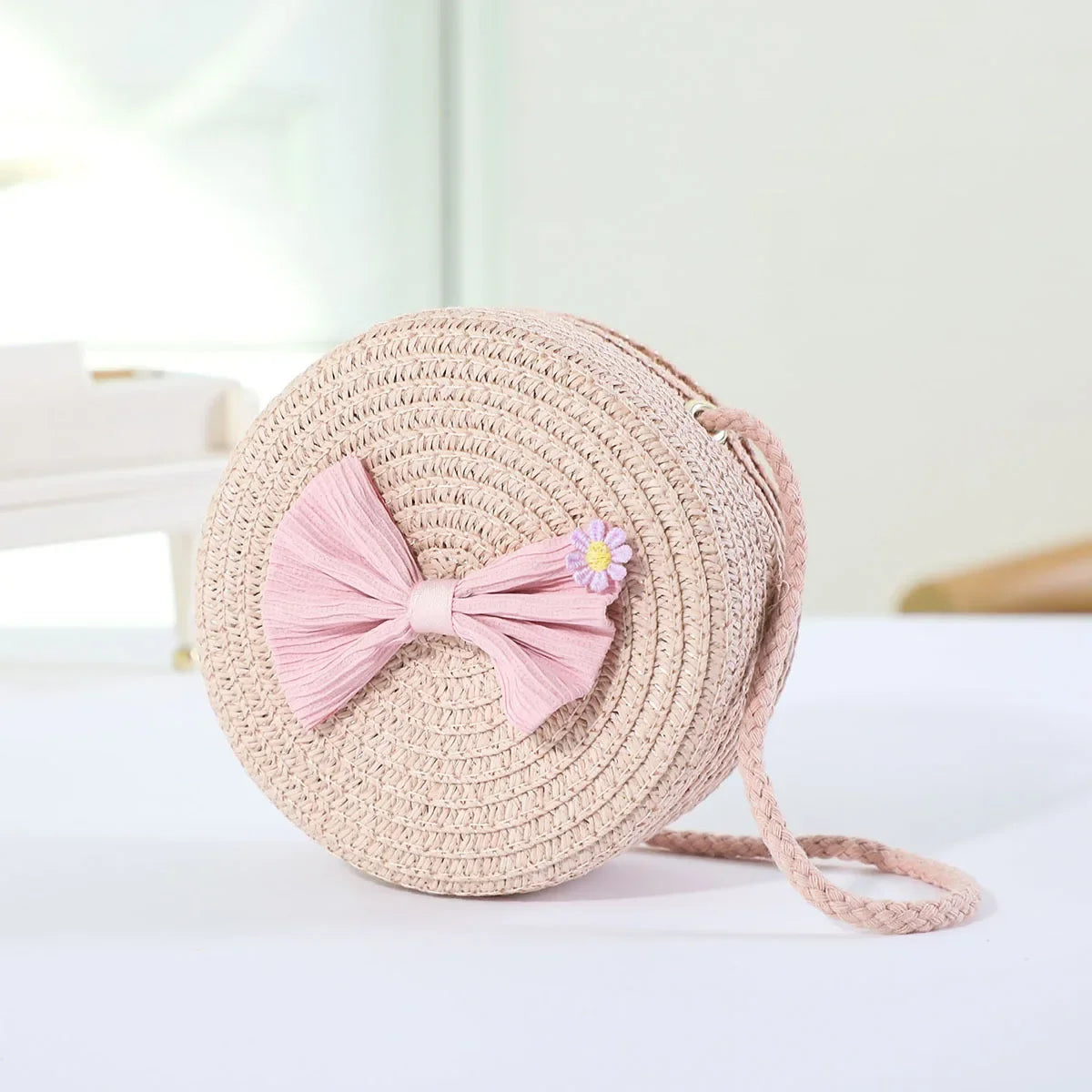 Fashion Round Woven Bow Girls Crossbody Bag Simple Baby Kids Beach Purse Clutch Casual Straw Flower Children's Shoulder Bags