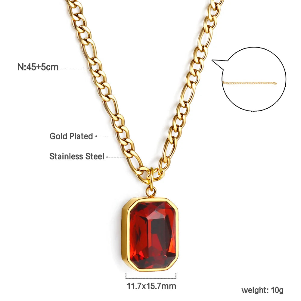 LUXUSTEEL Retro Colorful Square Crystal Pendant Necklace For Women Stainless Steel Figaro Chain Green White Red CZ Wedding Gift