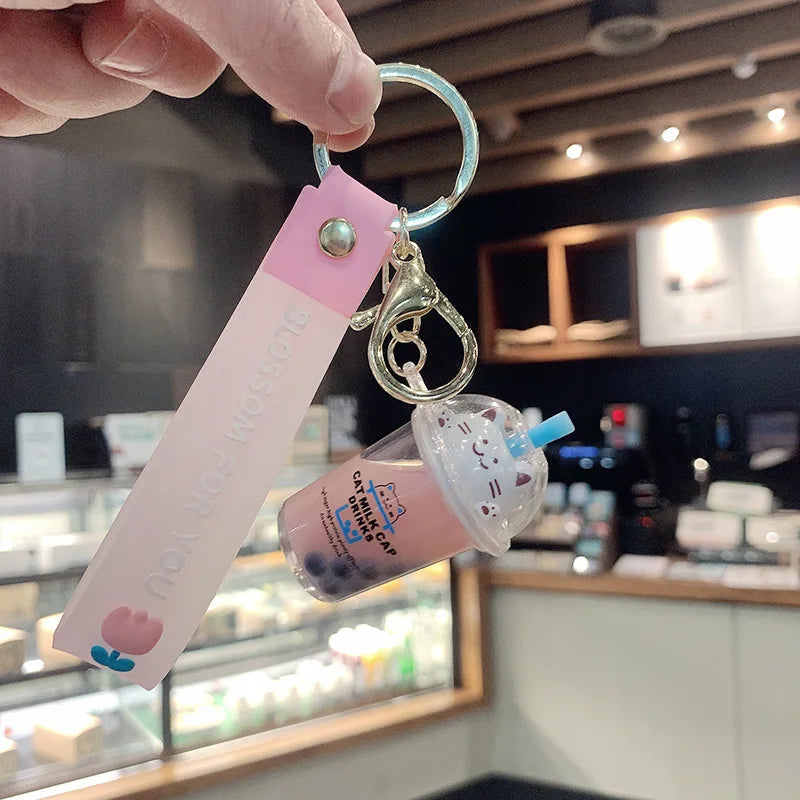 Cartoon Cat Liquid Milk Tea Cup Drinks Key Chain Flower Lanyard Cute Moving Quicksand Keychain For Women Bag Pendant Kids Gifts