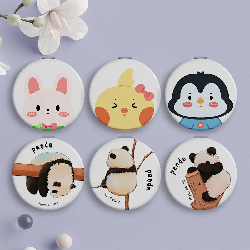 Portable Double-Side Folding Makeup Mirror Mini Round Cartoon Pattern Pocket Compact Vanity Handheld Mirror Travel Cosmetic Tool