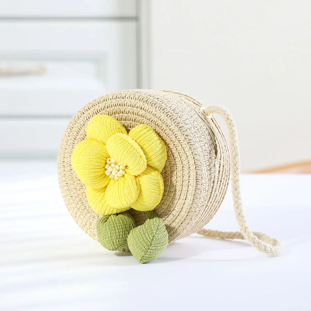Fashion Round Woven Bow Girls Crossbody Bag Simple Baby Kids Beach Purse Clutch Casual Straw Flower Children's Shoulder Bags