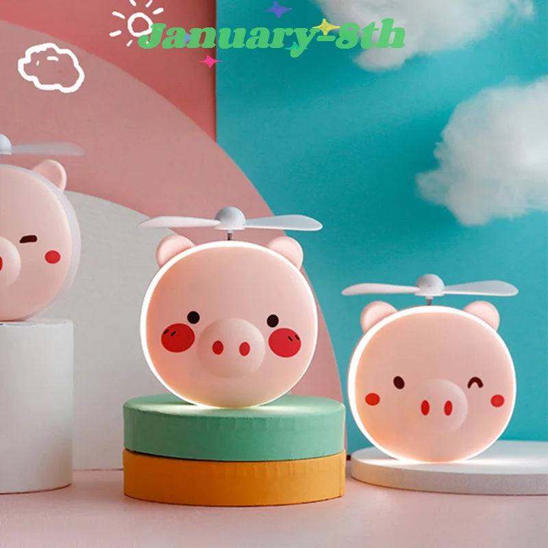 Cute Piggy Makeup Mirror With Led Light Handheld Cosmetic Mirror With Small Fan Girls Travel Portable Vanity Mirror HD Mirror