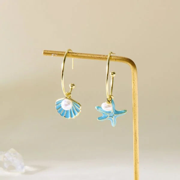 Fashion Asymmetric Ocean Style Earrings Stud For Women Starfish Shell Earring Ear Ring Imitation Pearl Zircon Jewelry Gift
