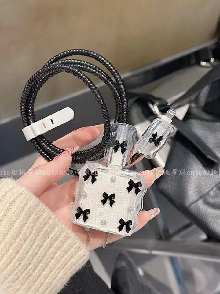 Kawaii Bow Charger Data Cable Case Protector Winding Kit for IPhone 16 15 20W Shining Bowknot Cellphone Charger Protective Case
