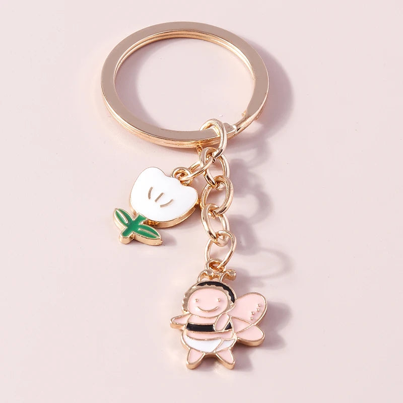 Cute Enamel Flower Keychain Butterfly Key Rings Pendants for Key Holder Women Girls Handbag Decor DIY Jewelry Gifts