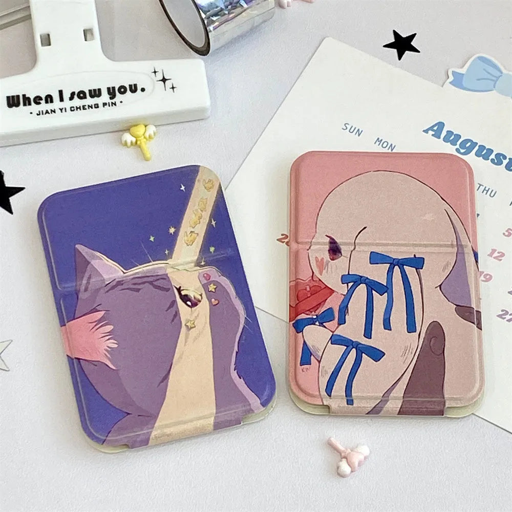 Portable Foldable Makeup Mirror PU Leather Handheld Mirrors Cute Bow Bunny Cat Bear Mini Pocket Girls Student Cosmetic Mirror