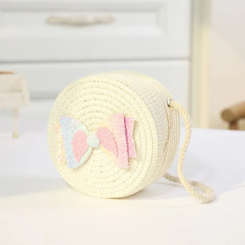 Fashion Round Woven Bow Girls Crossbody Bag Simple Baby Kids Beach Purse Clutch Casual Straw Flower Children's Shoulder Bags
