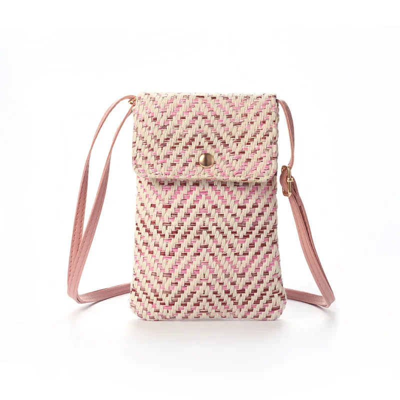 Women Straw Beach Bag Holiday Mobile Phone Shouder Bag Summer Tassel Mini Crossbody Bag for Lady Gril Travel Bohemian Style