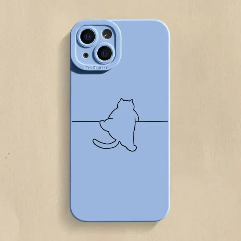 New Minimalist Cartoon Case For iPhone 11 12 13 14 15 Pro Max X XR XS 7 8 Plus SE 2 Kitten Shockproof Soft Silicone Bottom Cover