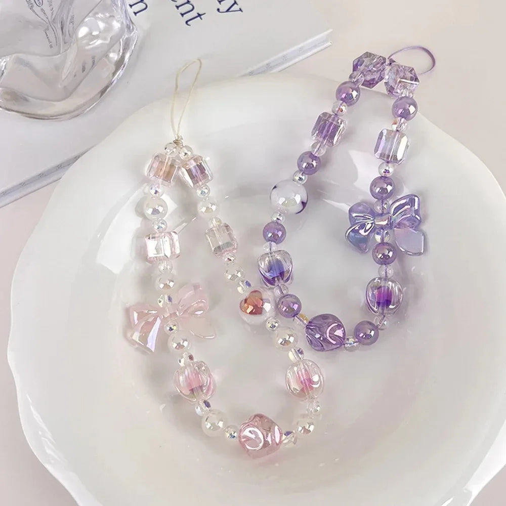 New Sweet Bow Cell Phone Chain Cute Beaded Sweet Bag Hangings Bow Anti-loss Anti-loss Lanyard Jewelry Women