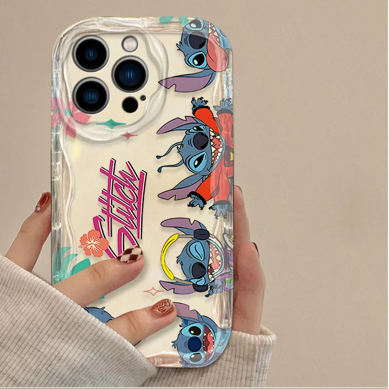 Disney Lovely Stitch 3D Wave Case For iPhone 16 15 14 13 12 11 Pro Max X XR XS 8 7 Plus SE 2020 Shockproof Clear Silicone Cover