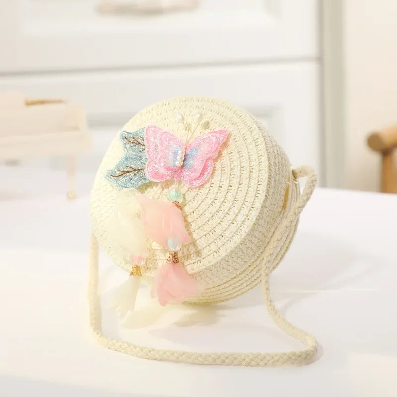 Fashion Round Woven Bow Girls Crossbody Bag Simple Baby Kids Beach Purse Clutch Casual Straw Flower Children's Shoulder Bags
