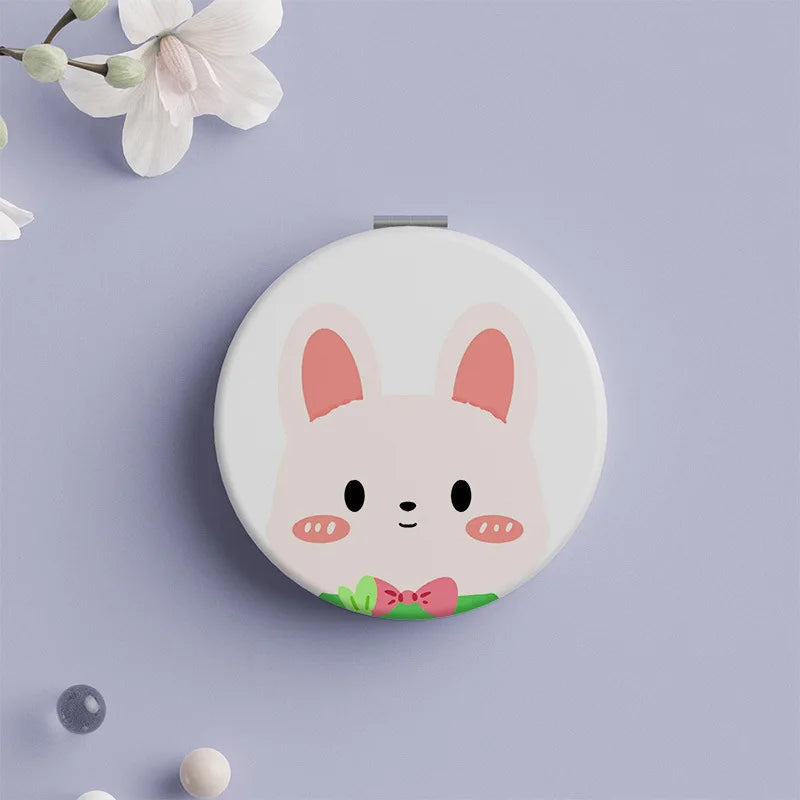 Portable Double-Side Folding Makeup Mirror Mini Round Cartoon Pattern Pocket Compact Vanity Handheld Mirror Travel Cosmetic Tool