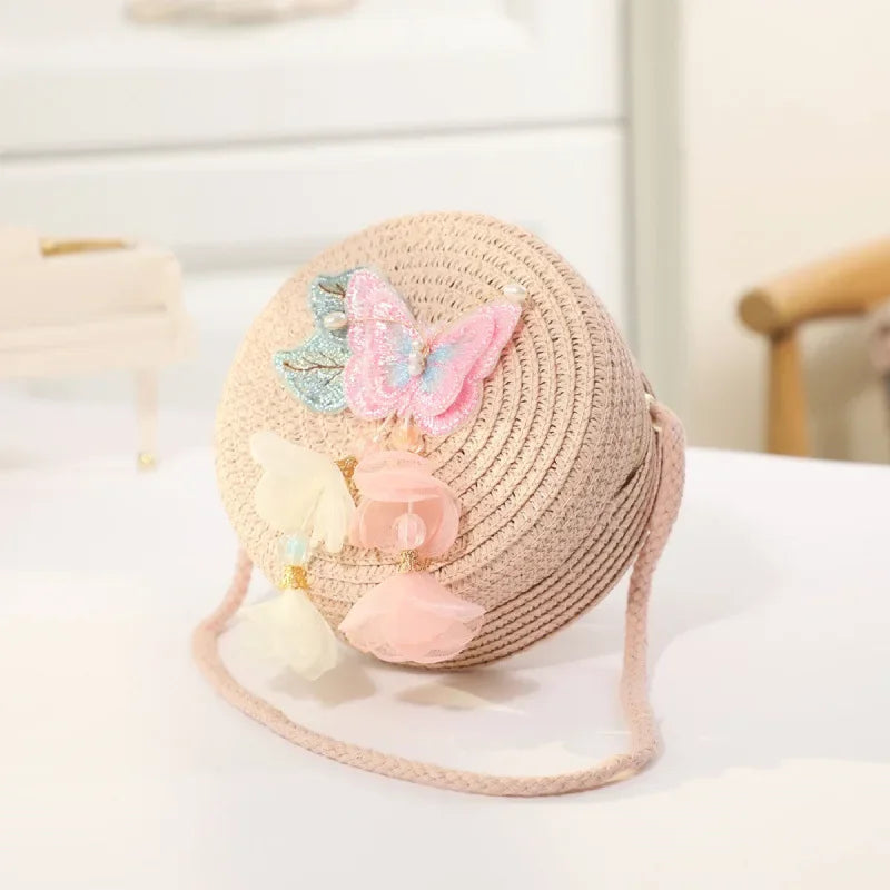 Fashion Round Woven Bow Girls Crossbody Bag Simple Baby Kids Beach Purse Clutch Casual Straw Flower Children's Shoulder Bags