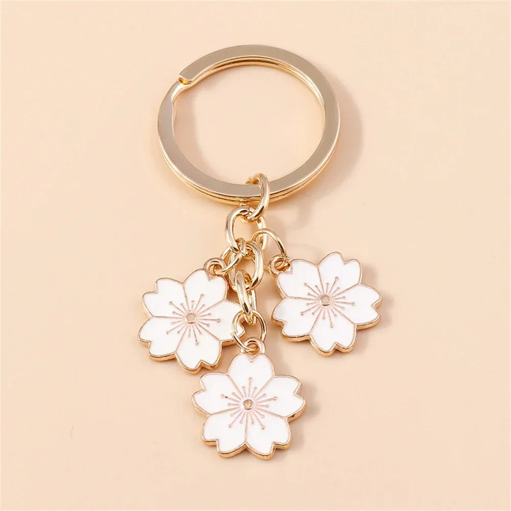 Cute Cherry Blossom Keychain Enamel Flower Pendant Key Chain Couple Car Key Holder Accessories For Women Girls Handbag Jewelry